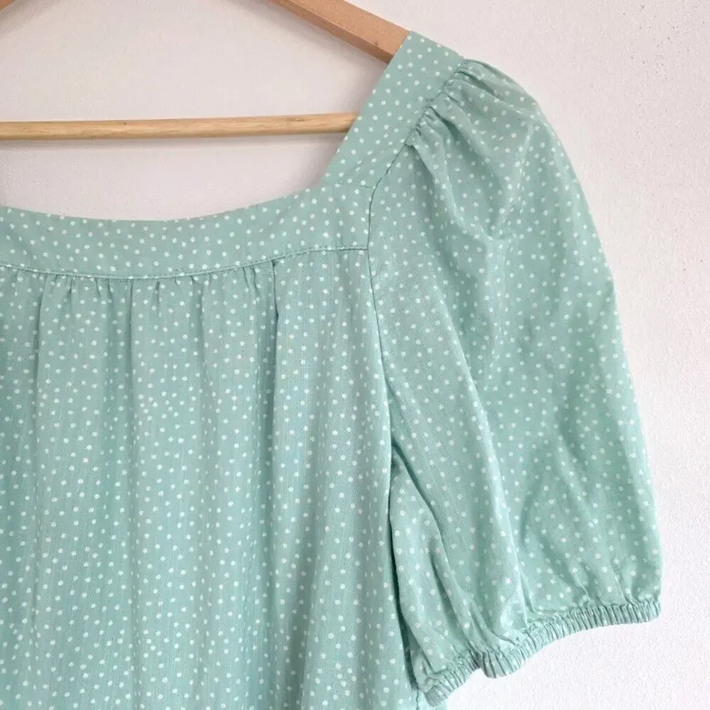 LOFT Mint Green Polka Dot Puff Sleeve Lace Trim Cotton Tiered Peplum Top Medium